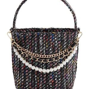 Shiraleah Black Tweed Mini Bucket Bag with Multicolor Flecks & Pearl Chain